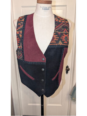 Vintage Katch Me leather Southwestern Pattern Suede Vest, Black and Burgundy